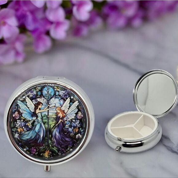Fairy Angel NEW Pill Box Medicine Mini Tin Case Mirrored Travel Purse Size Blue - Picture 9 of 9